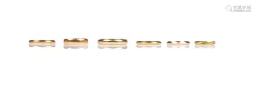 Six antique gold band rings, including an early 18th century...