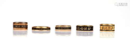 Five enamelled gold mourning rings, late 18th - 19th century...