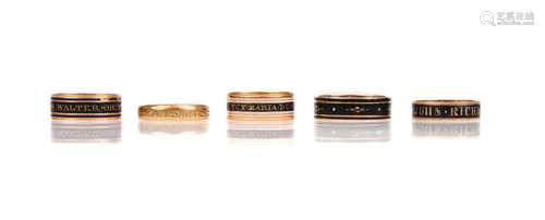 Five enamelled gold mourning rings, late 18th - mid 19th cen...