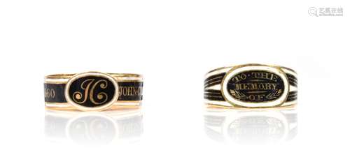 Two late 18th century gold mourning rings, one tapered band ...