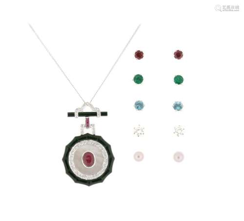 A gem-set pendant, set with synthetic rubies, mother-of-pear...