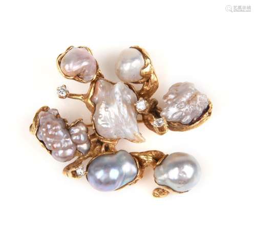 A cultured pearl and diamond brooch by Arthur King, c.1970s,...