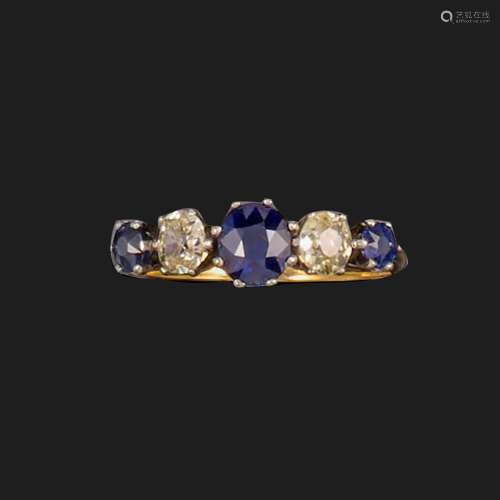A sapphire and diamond five-stone ring, claw-set with three ...