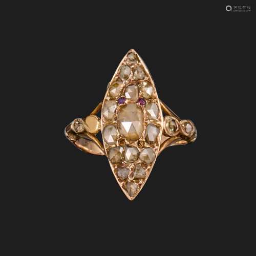 A diamond cluster ring, the navette-shaped ring is set with ...