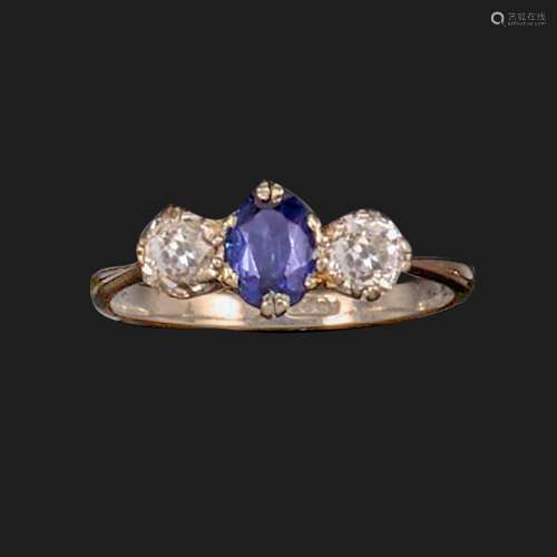 A synthetic sapphire and diamond ring, early 20th century, s...