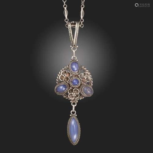 An Arts and Crafts silver and chalcedony pendant necklace, e...