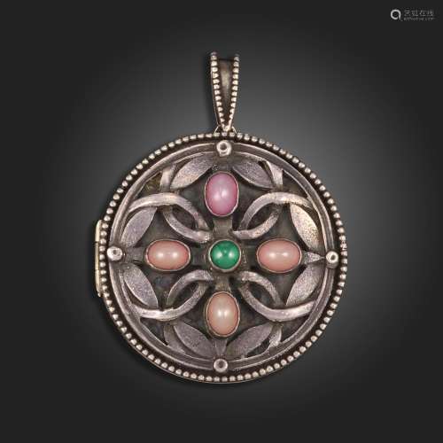 An Arts & Crafts gem-set silver locket pendant, set with...