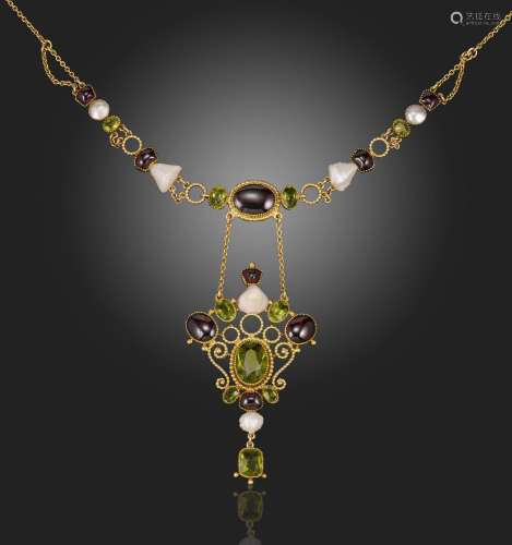 An Arts and Crafts garnet, peridot and freshwater pearl neck...