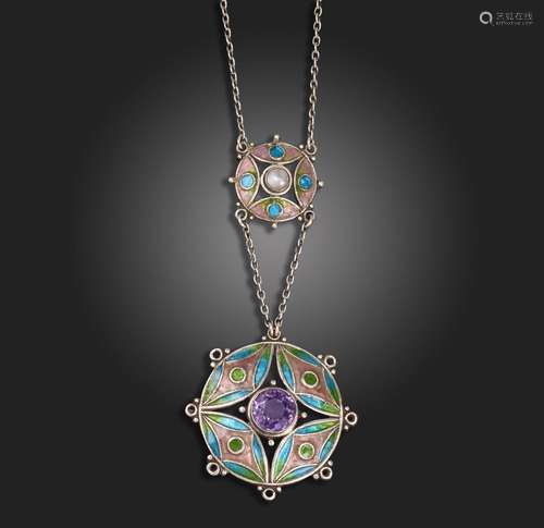 An Arts & Crafts gem-set enamelled silver necklace, set ...