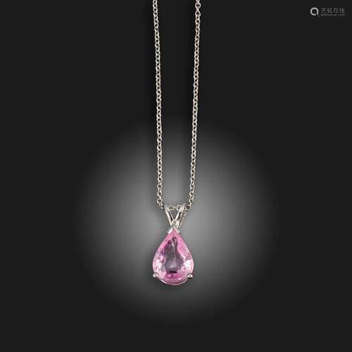 A pink sapphire pendant, the pear-shaped sapphire is claw-se...