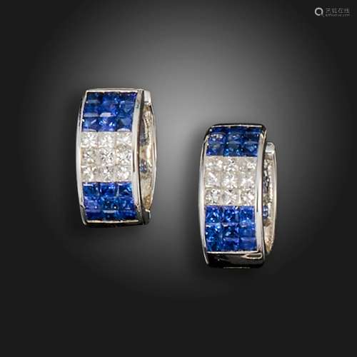 A pair of sapphire and diamond hoop earrings, set with squar...