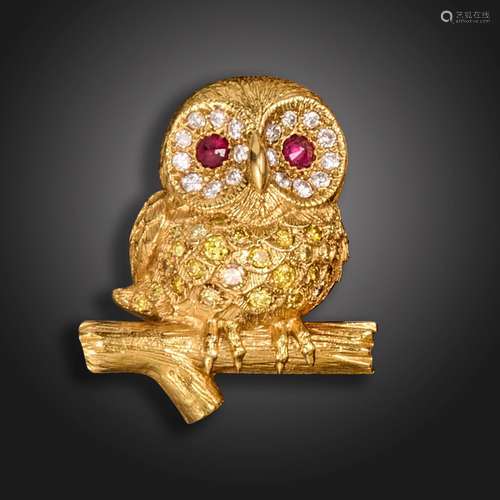 A gem-set gold owl brooch, realistically formed as an owl pe...