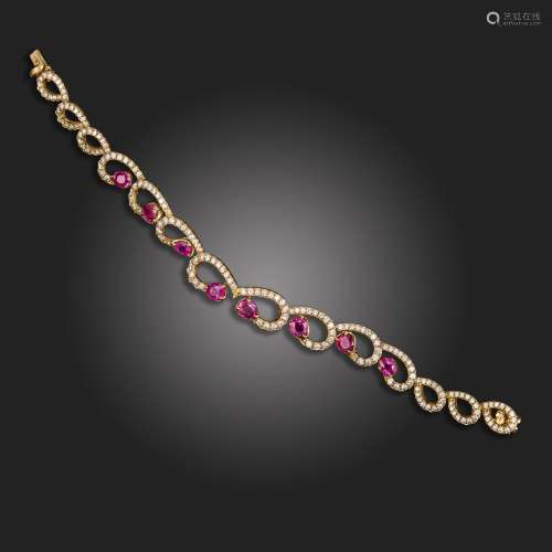 A ruby and diamond bracelet, the articulated links of curvin...