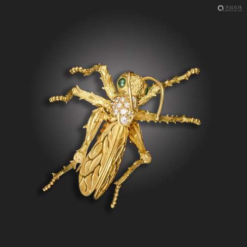 A gem-set gold grasshopper brooch, realistically formed and ...