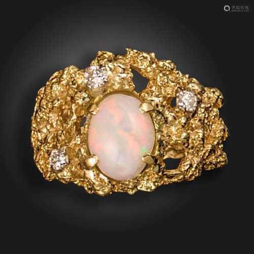 An opal and diamond ring, of abstract design, set with an op...
