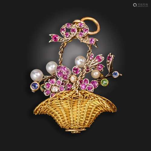 A gem-set giardinetto pendant, the woven gold basket is fill...