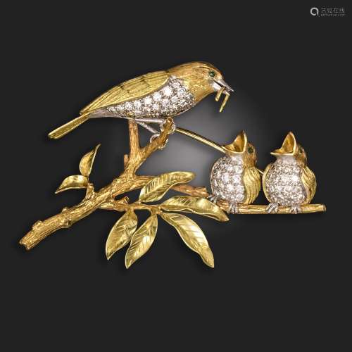 A gem-set gold bird brooch by E. Wolfe & Co., realistica...