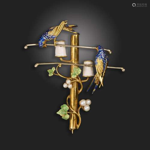 A gold and enamel novelty brooch, designed as birds perching...