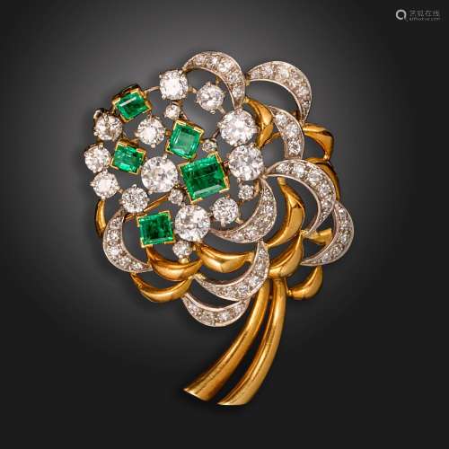 An emerald and diamond-set gold flower brooch, the stylised ...