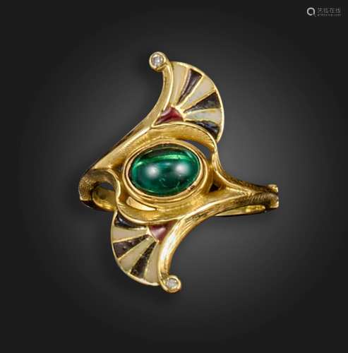 An Art Nouveau style gold ring, centred with a green paste, ...