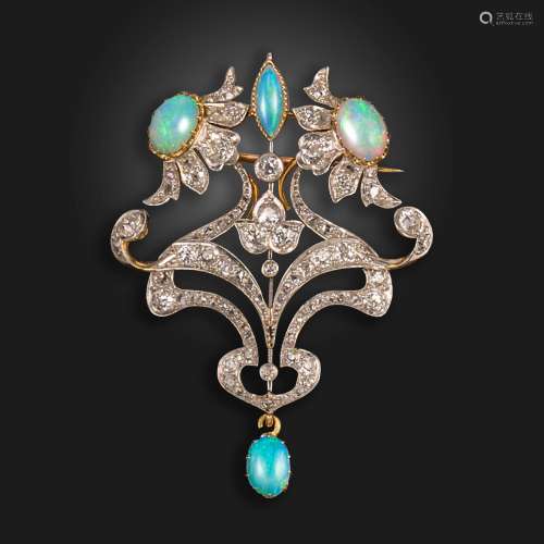 An Art Nouveau opal and diamond brooch pendant, of foliate s...
