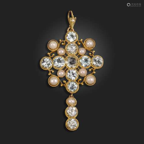 A Victorian aquamarine and seed pearl pendant, set with circ...