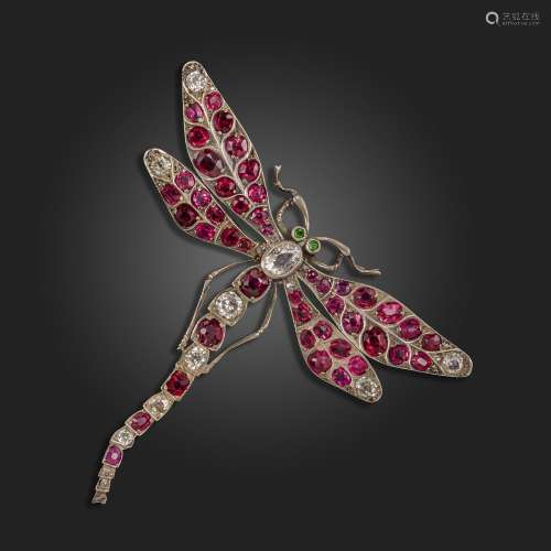 A spinel and diamond-set dragonfly brooch, set overall with ...