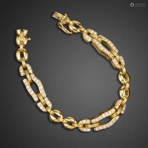 A diamond-set gold bracelet, the fancy links set with round ...