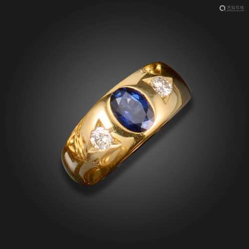 A sapphire and diamond three stone gypsy ring, set with an o...