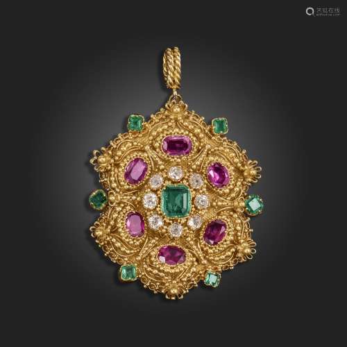 A 19th century gem-set gold pendant, set with emeralds, of h...