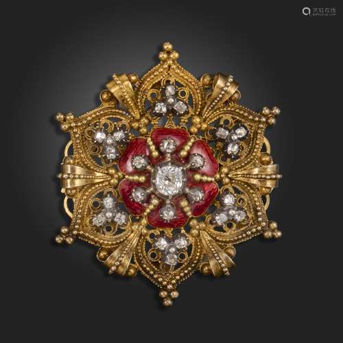 A 19th century enamel and diamond-set gold brooch, possibly ...