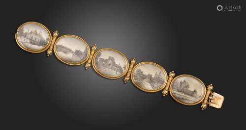 A gold panel bracelet, each oval panel depicting Indian scen...