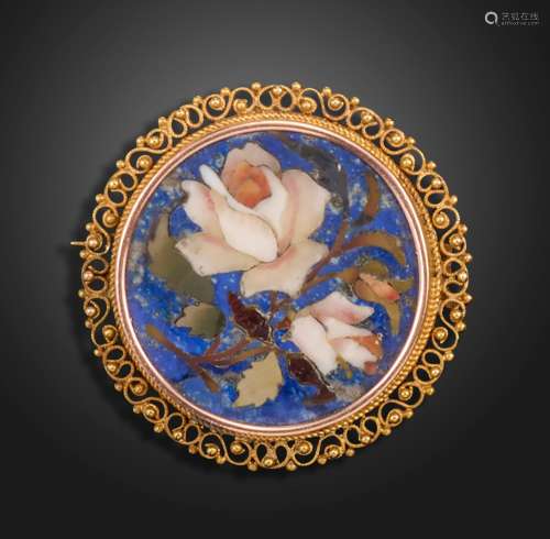 A 19th century Pietra Dura brooch, the circular lapis lazuli...