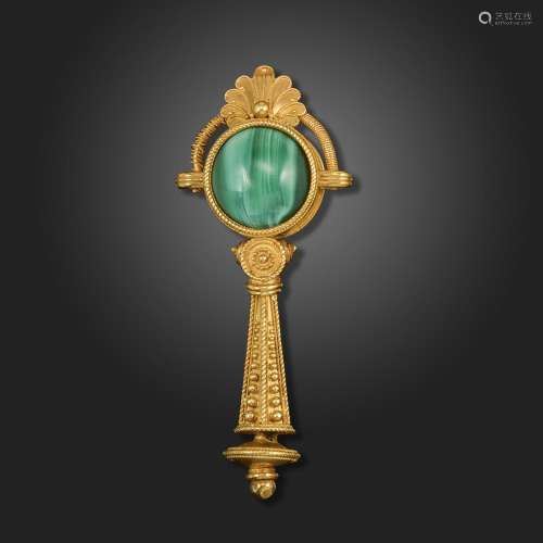 A 19th century Archeological Revival gold brooch, mounted wi...