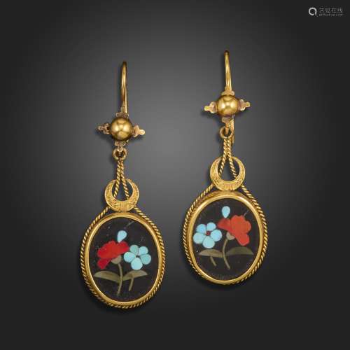 A pair of Victorian gold pietra dura earrings, the oval mosa...