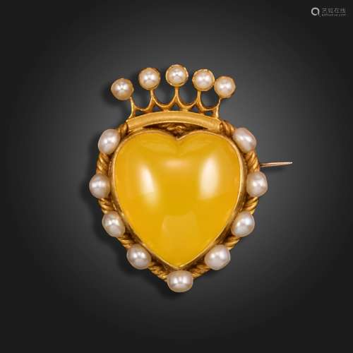 A Victorian hardstone and seed pearl heart brooch, the yello...