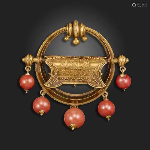 λ A 19th century Etruscan Revival coral-set gold brooch by P...