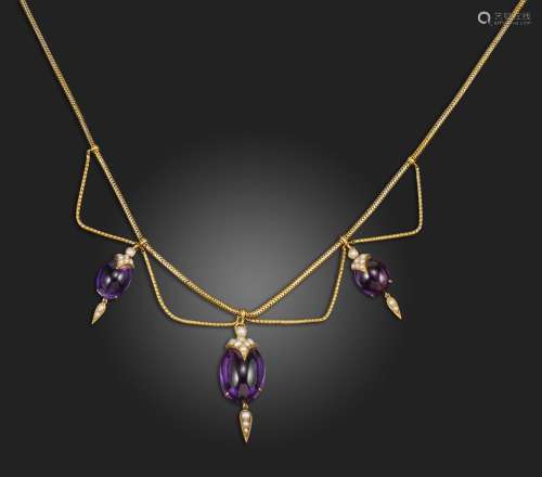 A 19th century amethyst and seed pearl-set gold necklace, se...