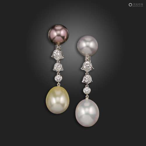 A pair of cultured pearl and diamond drop earrings by Cartie...