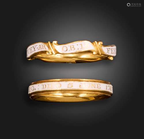 Two 18th century gold mourning rings, one with white enamel ...