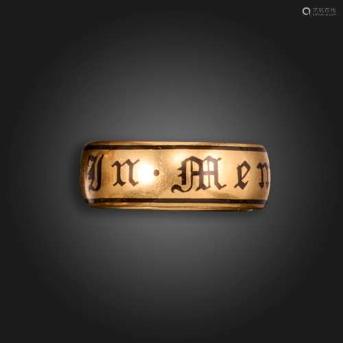 A 19th century gold mourning ring, with black enamel decorat...
