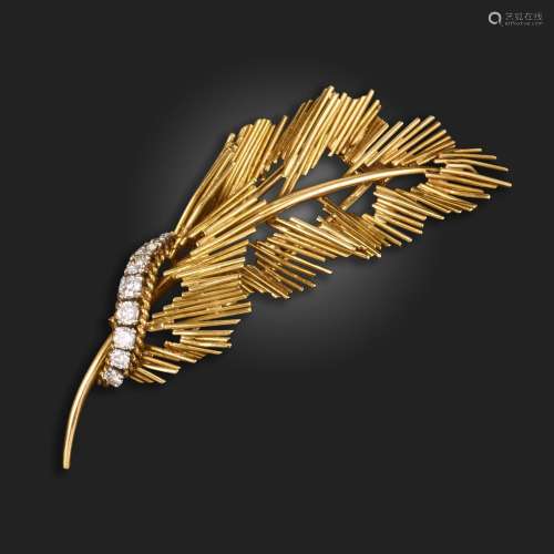 A diamond gold leaf brooch by Boucheron, of open bar design,...