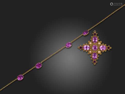 A Regency gem-set gold necklace, the cruciform pendant set w...