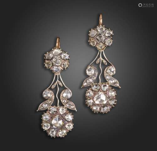 A pair of 18th century diamond earrings, the flowerhead uppe...