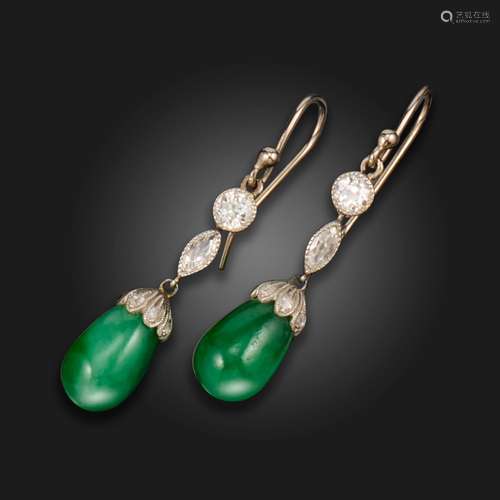 A pair of jade and diamond drop earrings, the articulated ea...