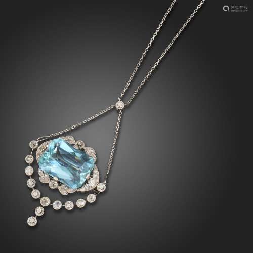 An aquamarine and diamond-set brooch pendant, the octagonal-...