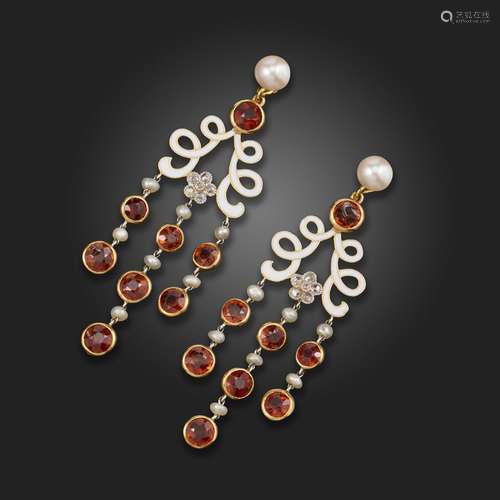 A pair of mandarin garnet, diamond and seed pearl drop earri...