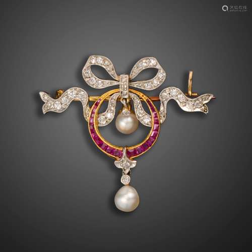 A Belle Epoque diamond, ruby and pearl brooch, designed as a...