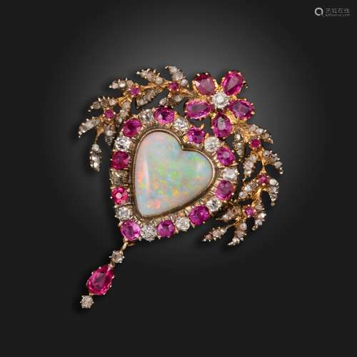 A 19th century French ruby, diamond and opal brooch pendant,...