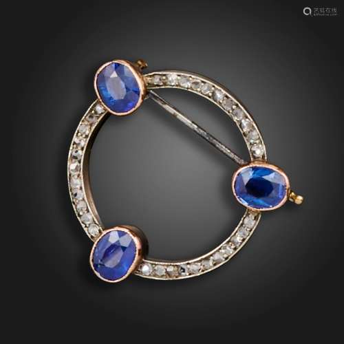 A Russian sapphire and diamond circular brooch, set with ros...